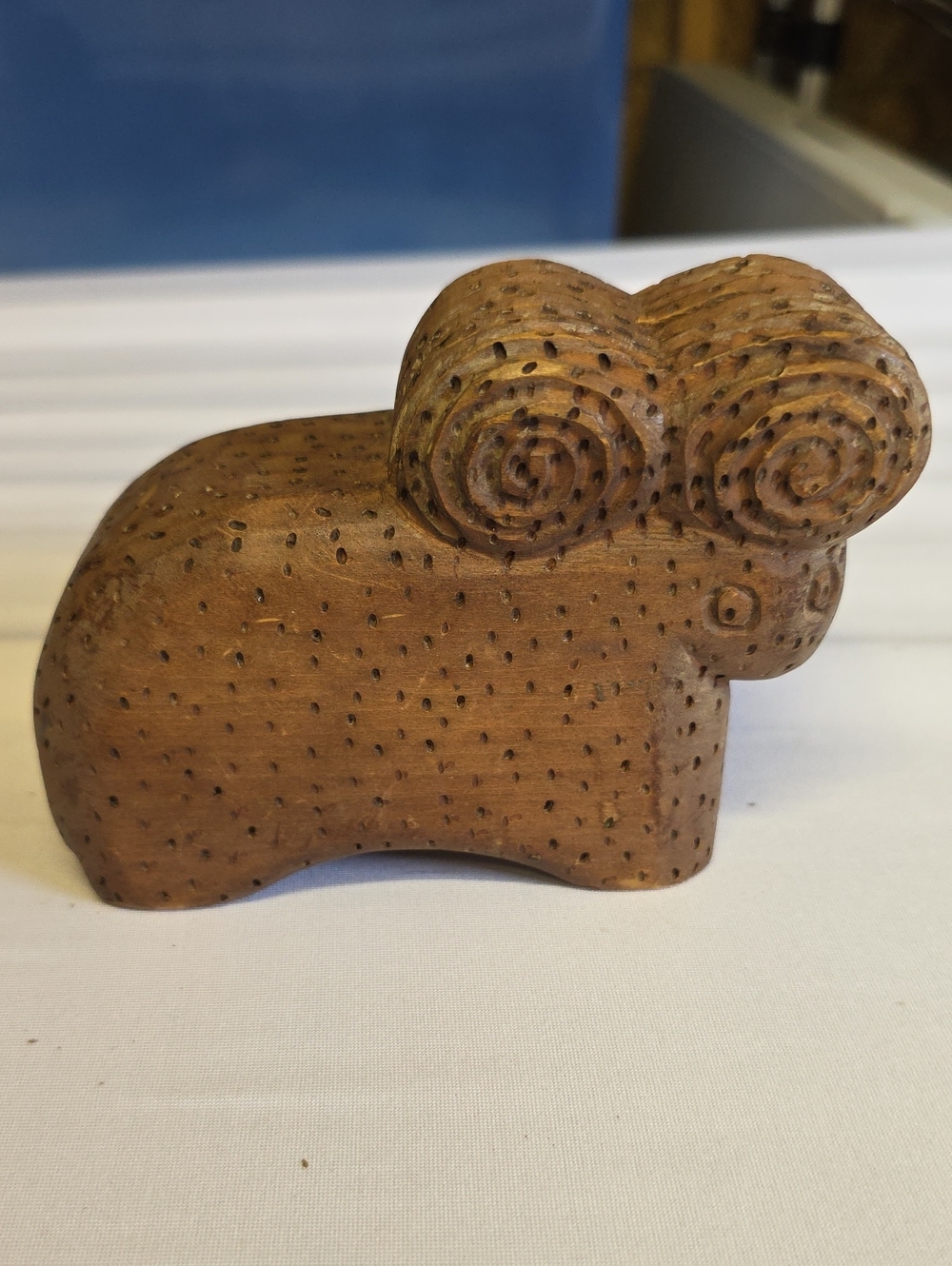 Vintage Hand-Carved Wooden Ram Piggy Bank - Natural Brown